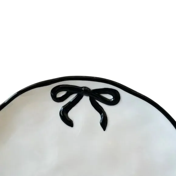 Hand Painted Coquette Black Bow Dinner Plates 10.25in White Ceramic Set of 4 NEW